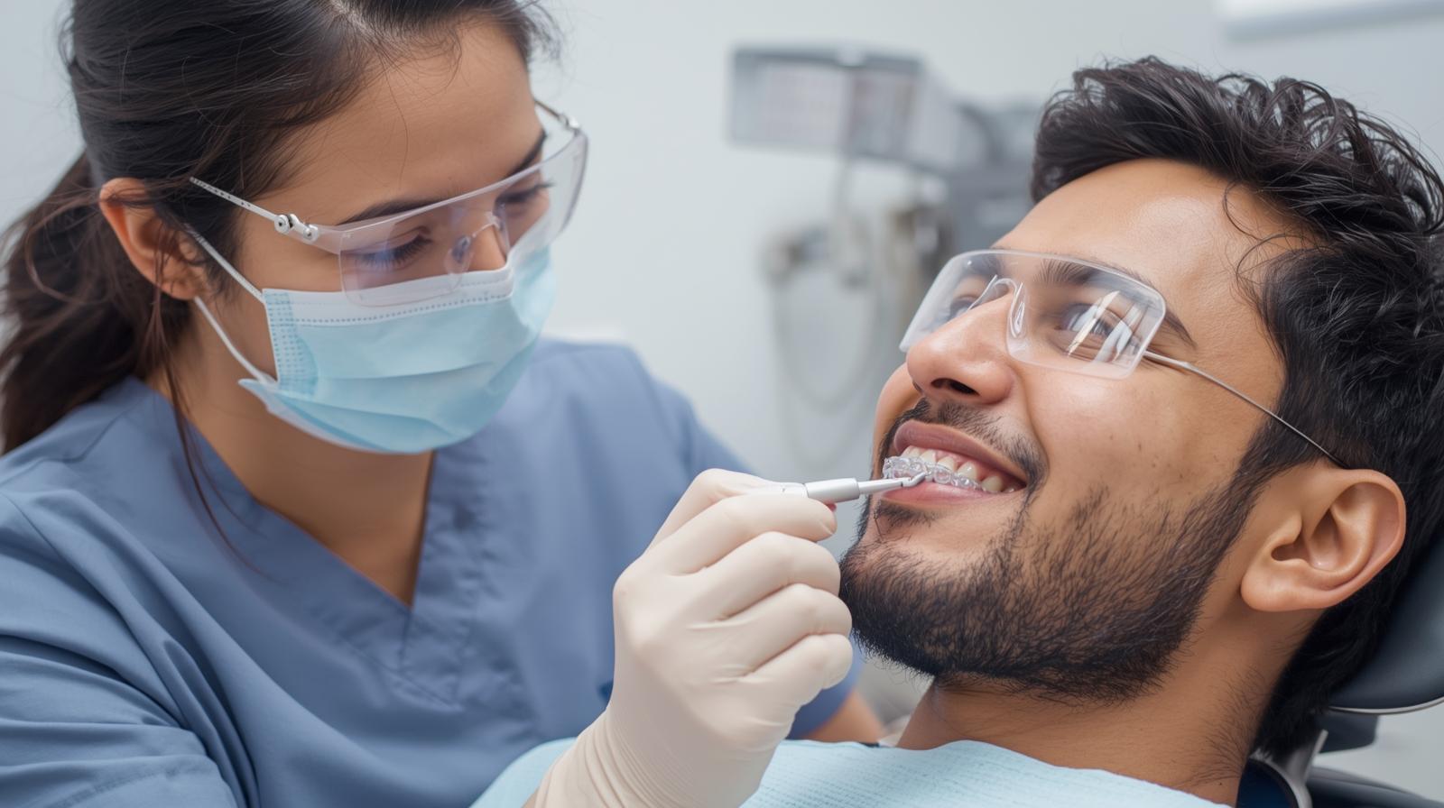 dentist puting patients clear invisalign,, both have eye covers (1)