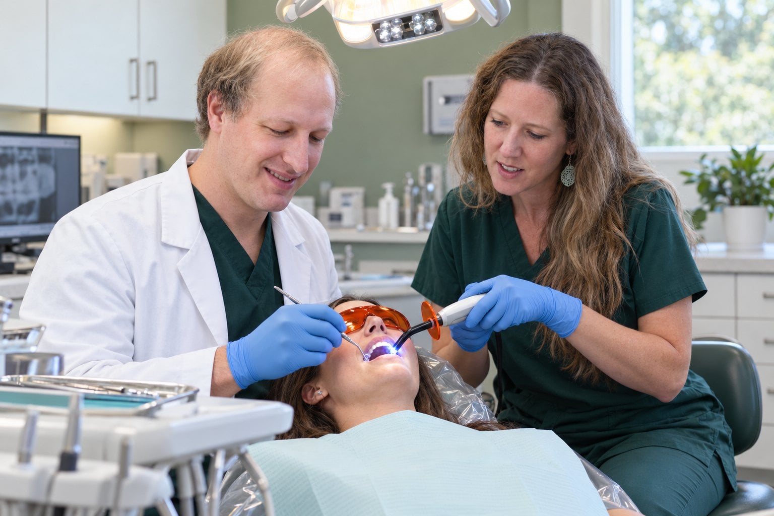 Dr. Ben Wasleske and hygienist Kara placing a tooth-colored filling