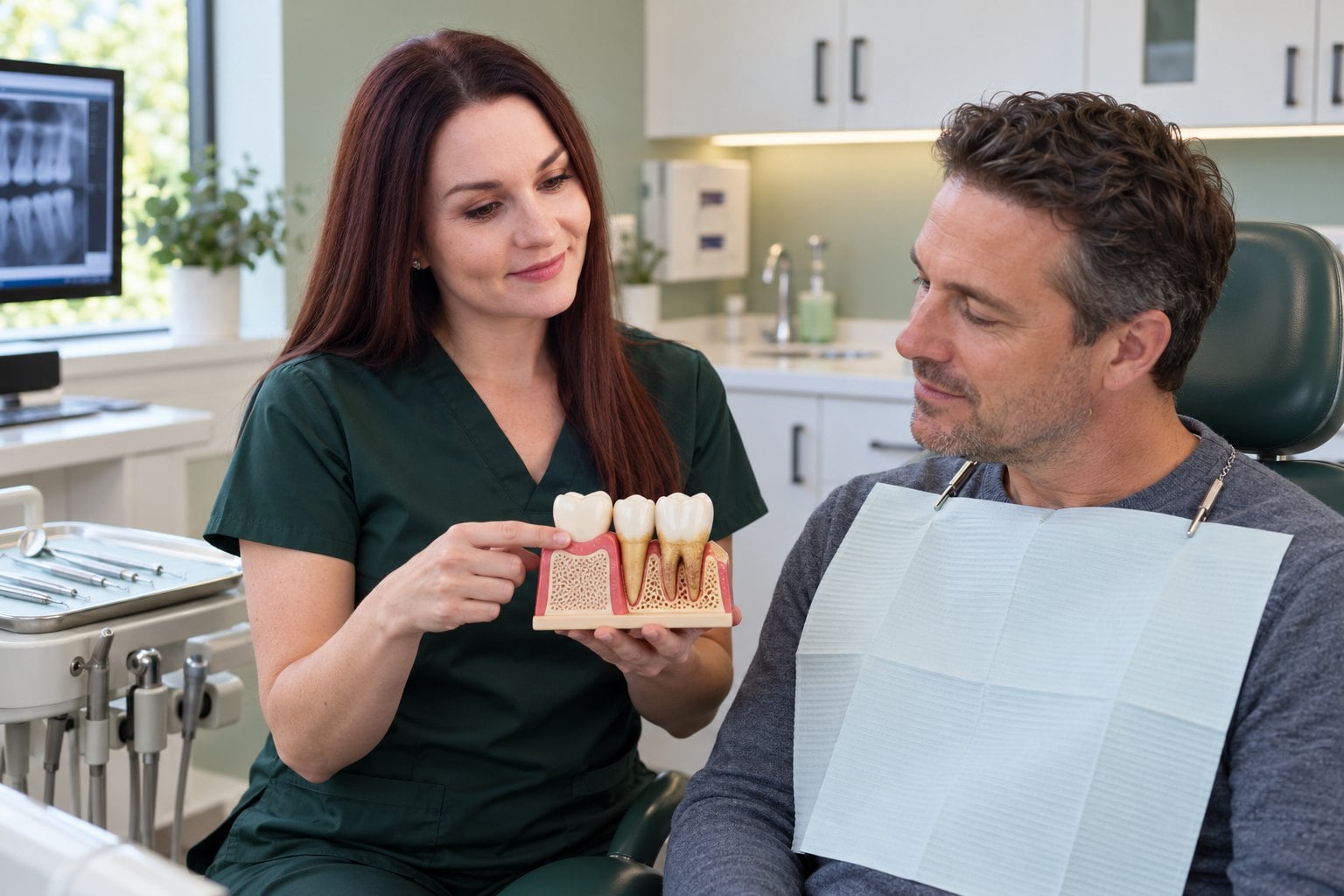 Hygienist Leah explaining the stages of gum disease on a model