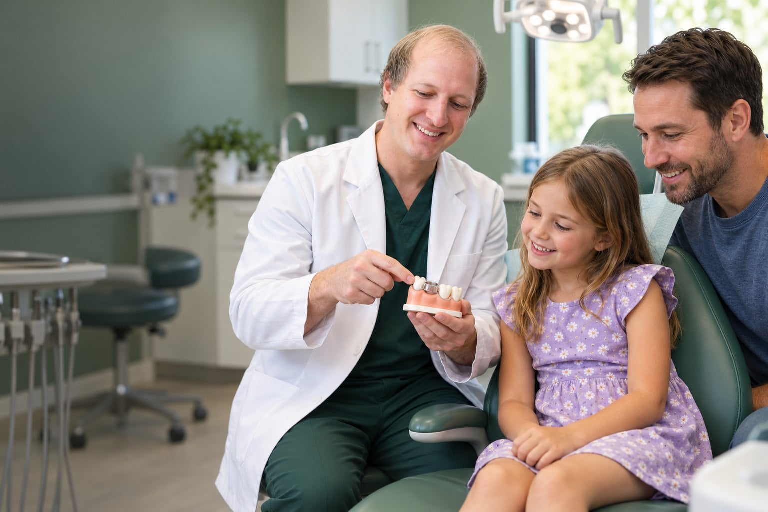 Weston Smiles Dental dentist explaining a space maintainer to a child and her father