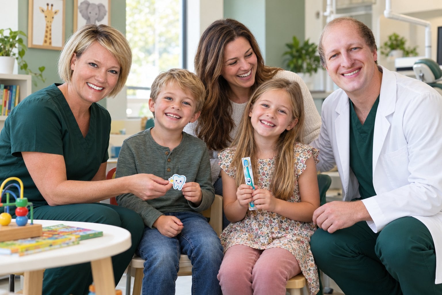 Weston Smiles Dental dentist and hygienist with a smiling family and their kids