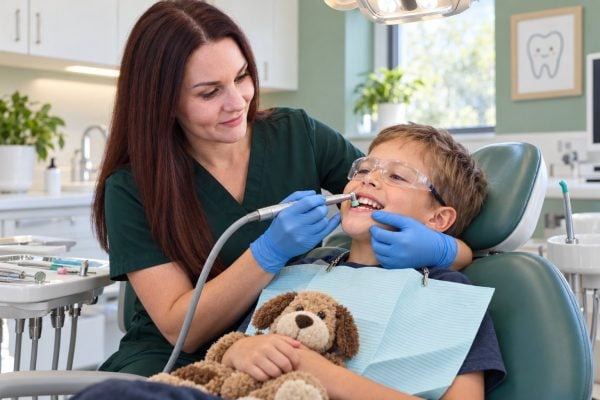 Weston Smiles Dental hygienist cleaning a smiling boy's teeth
