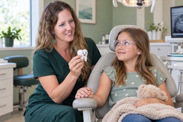 Weston Smiles Dental hygienist comforting a young patient with a tooth toy