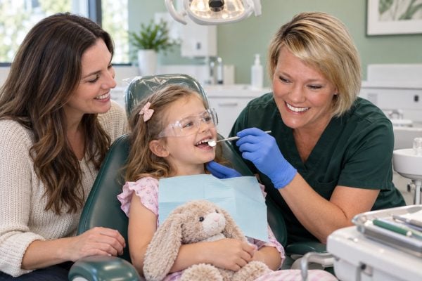 Weston Smiles Dental hygienist with a young child at her first dental visit