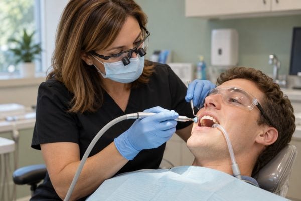 Hygienist polishing a patient's teeth during a routine dental cleaning